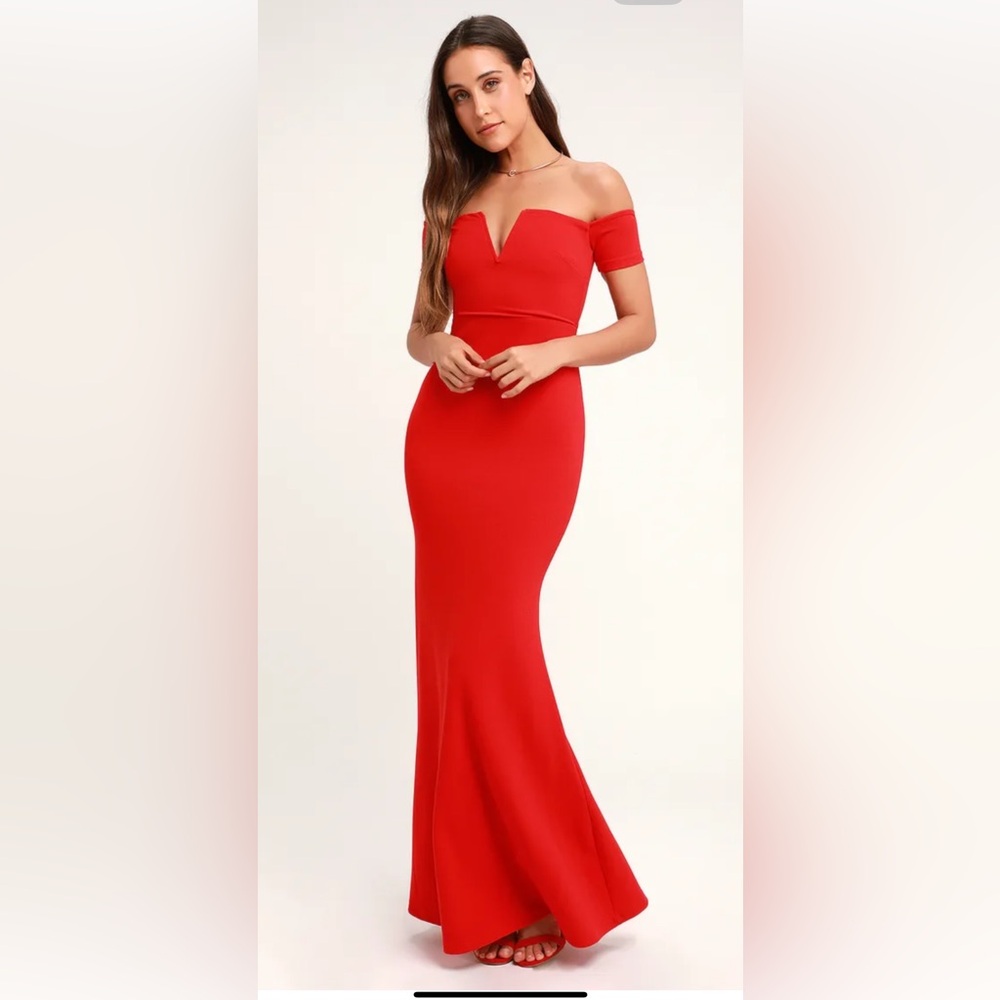 Lulus Stunning Mermaid Off The Shoulder Party Holiday Maxi Dress Size S Red NWT
